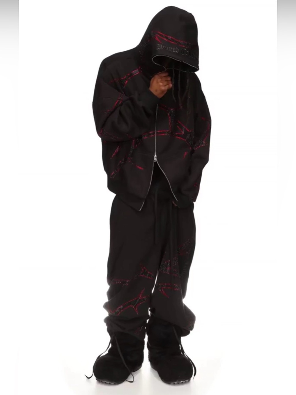 Men's Black with red sparkle thorn design. Track suit. Hoodie and Pants.